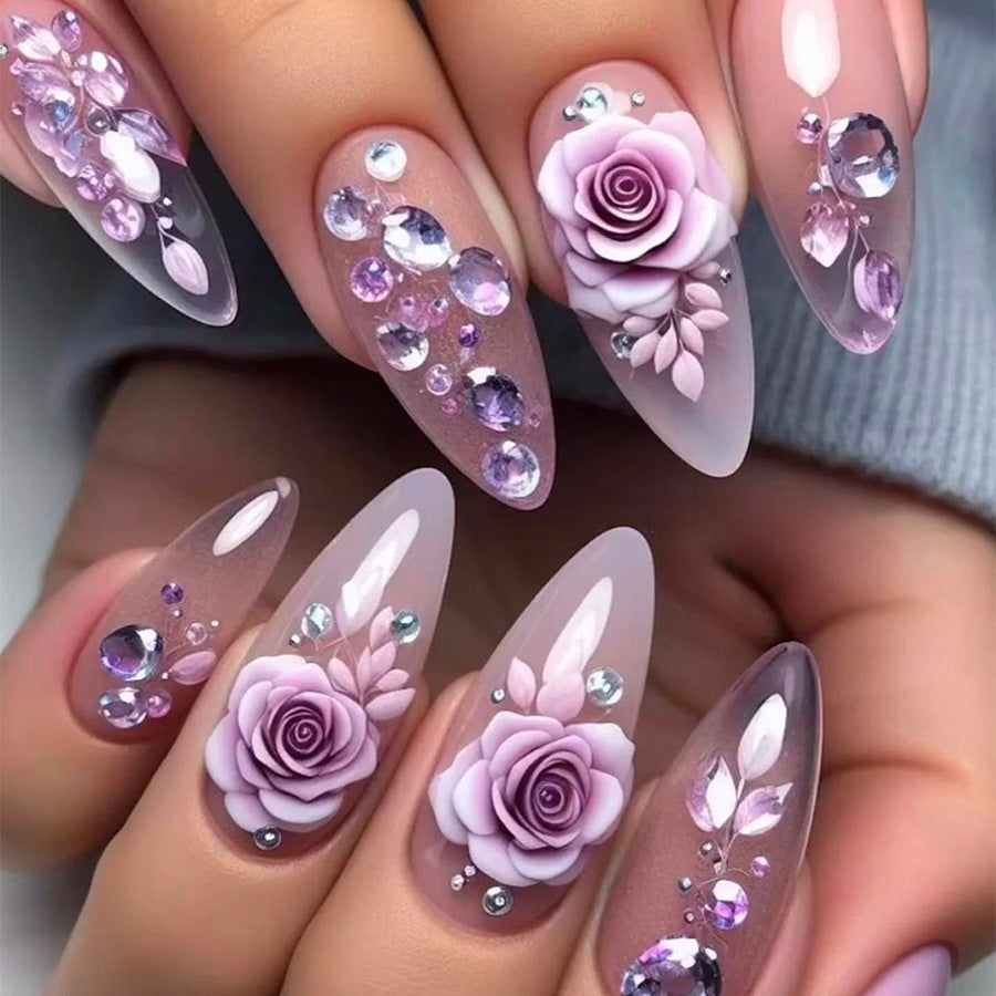 96PCS (4 PACK) Press in Almond Nail Set - Medium Length Purple and Pink Tones with Floral Patterns, Glossy Detachable Nail Tips, Suitable for Fashionable Autumn and Winter Styles